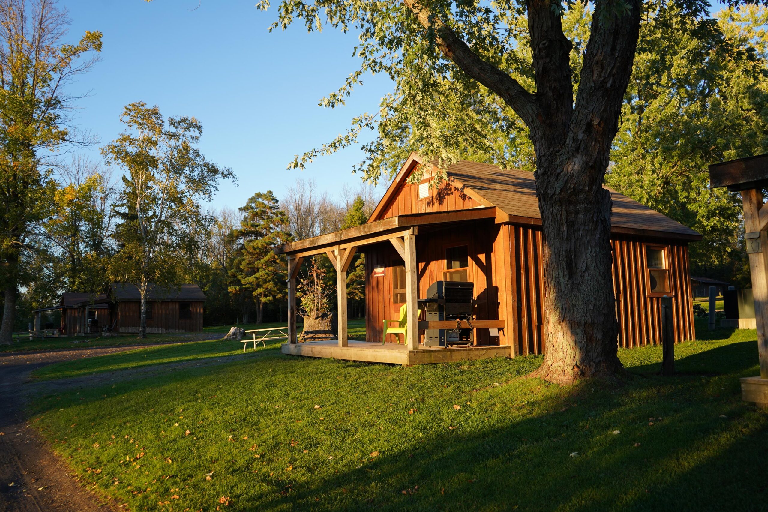 Wooden cabin at campground with trees.